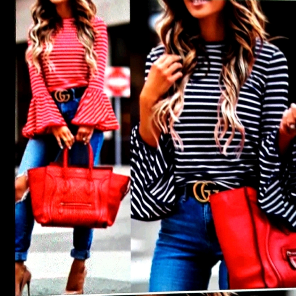 🔥$25 Navy Blue and white Bell sleeve blouse - Picture 1 of 2